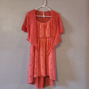 Almost Famous Coral Lace Spaghetti Strap Dress & Beautees Coral Cropped Jacket